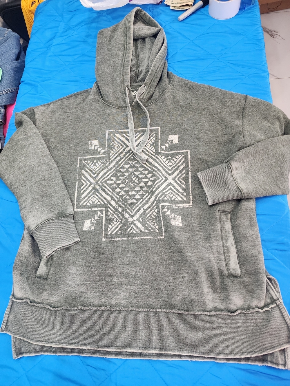 Washed Olive Green Hooded Sweatshirt with Geometric Front Print
